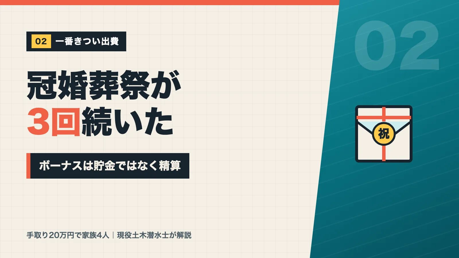 手取り20万円の生活で冠婚葬祭が3回続いたときが一番きつくボーナスは貯金ではなく精算だったと示すバナー