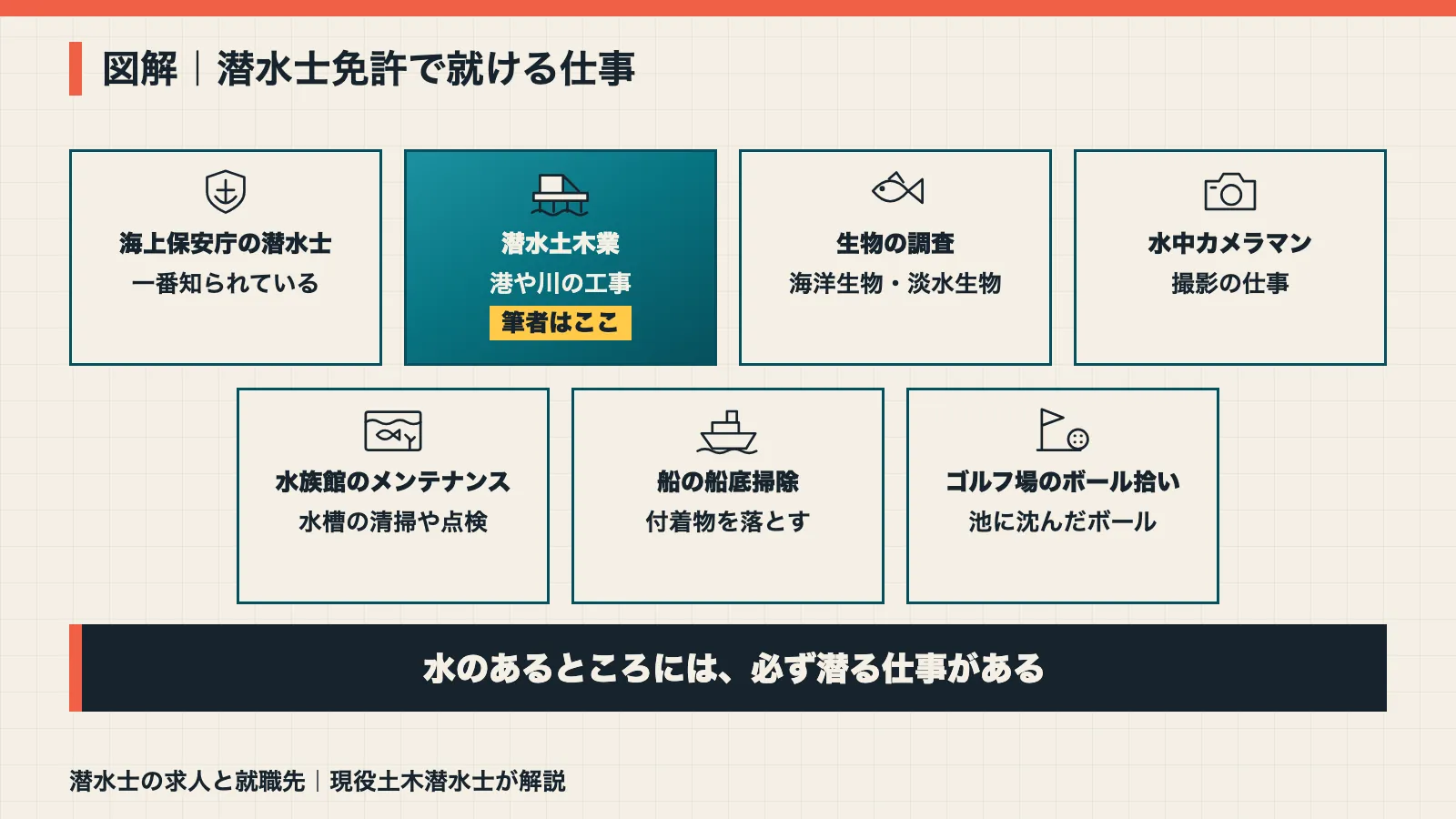 潜水士免許で就ける仕事の図解。海上保安庁・潜水土木業・生物調査・水中カメラマン・水族館・船底掃除・ゴルフ場のボール拾い