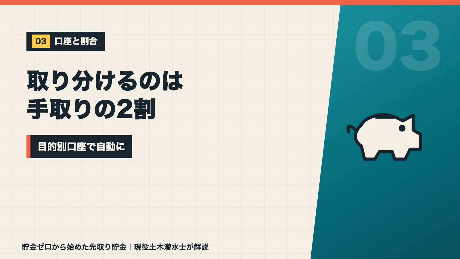 取り分けるのは手取りの2割で目的別口座を使って自動にすると示すバナー