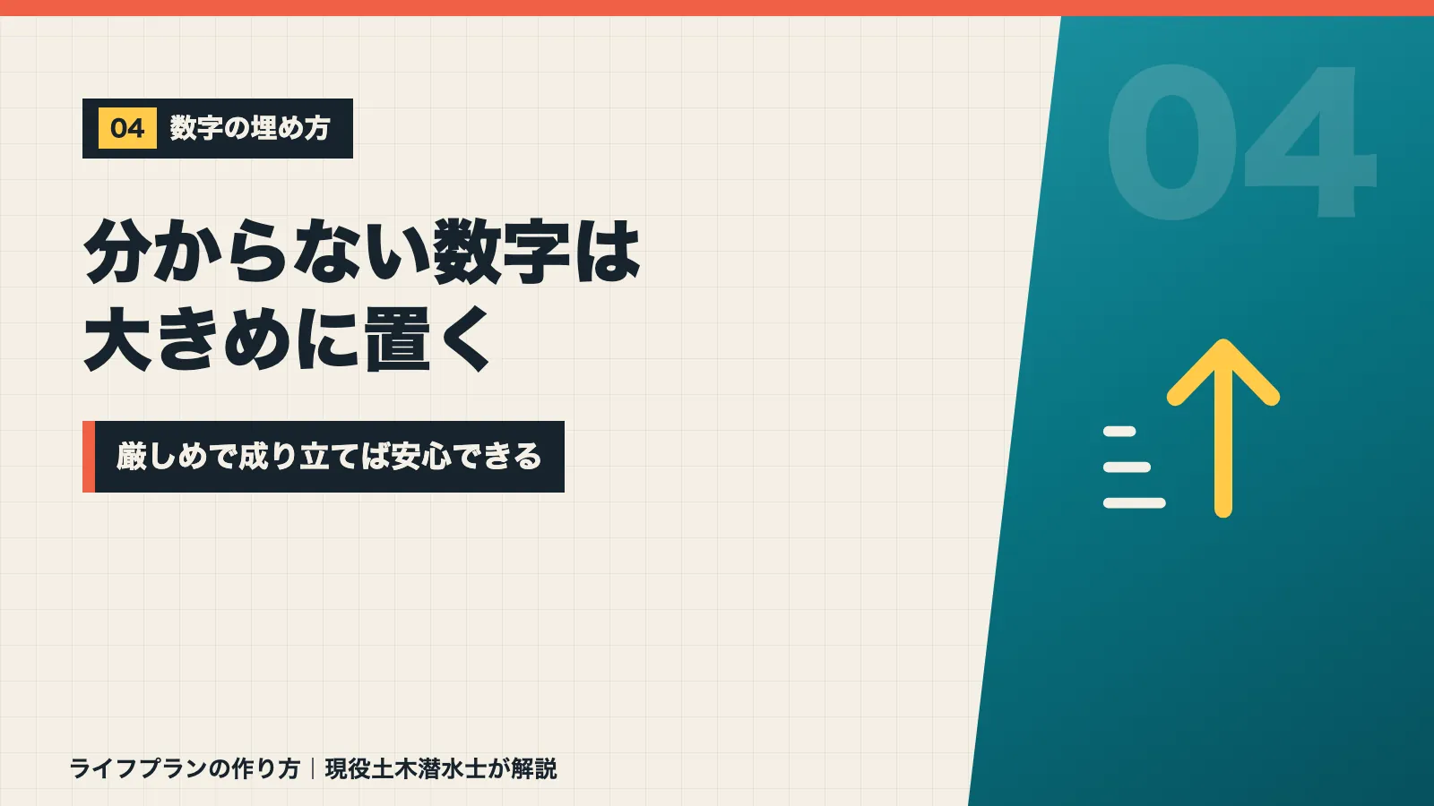ライフプランの分からない数字は大きめに置くと厳しめでも成り立ち安心できると示すバナー