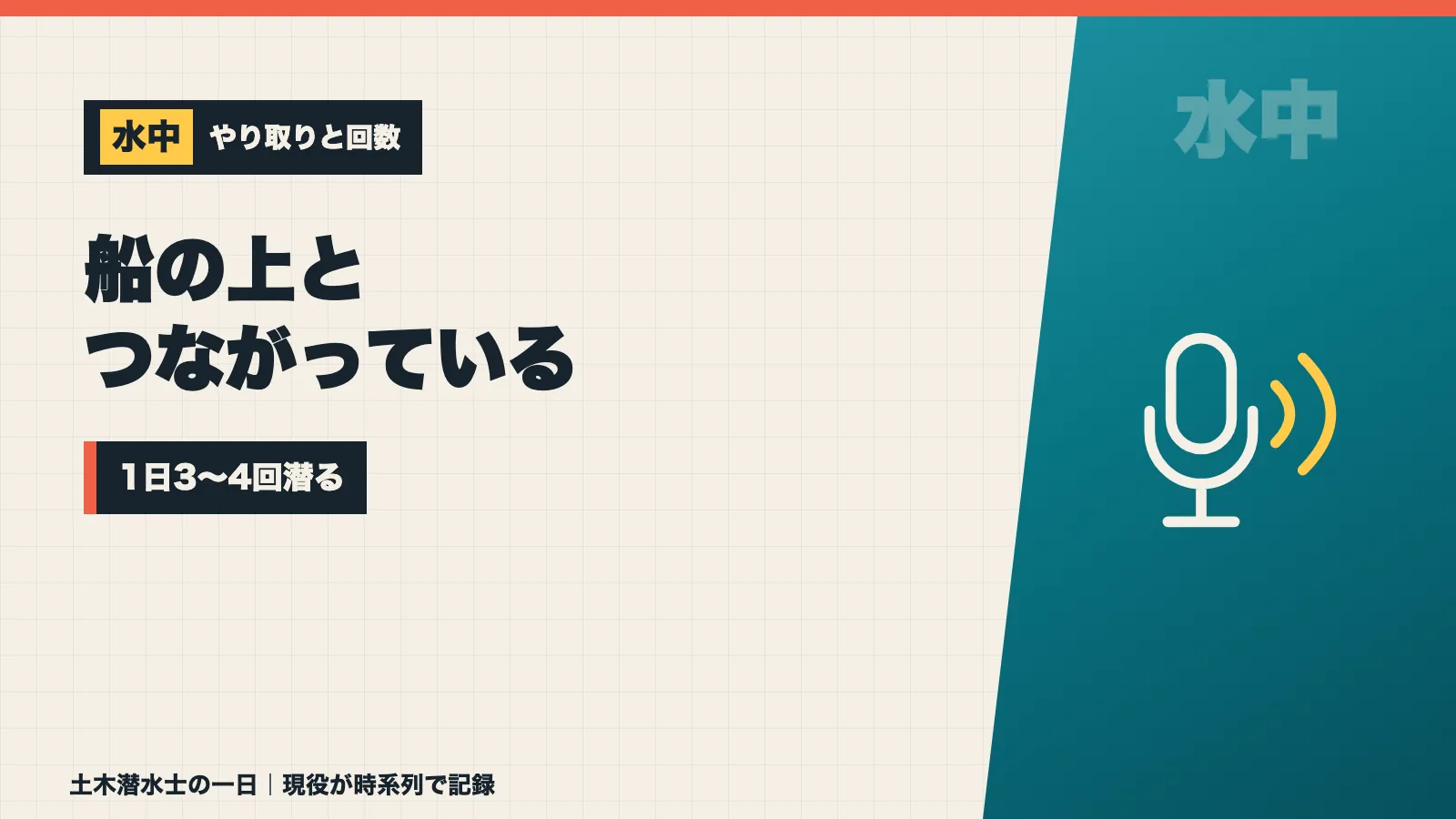 水中では有線通話機で船の上とつながり1日3〜4回潜ることを示すバナー